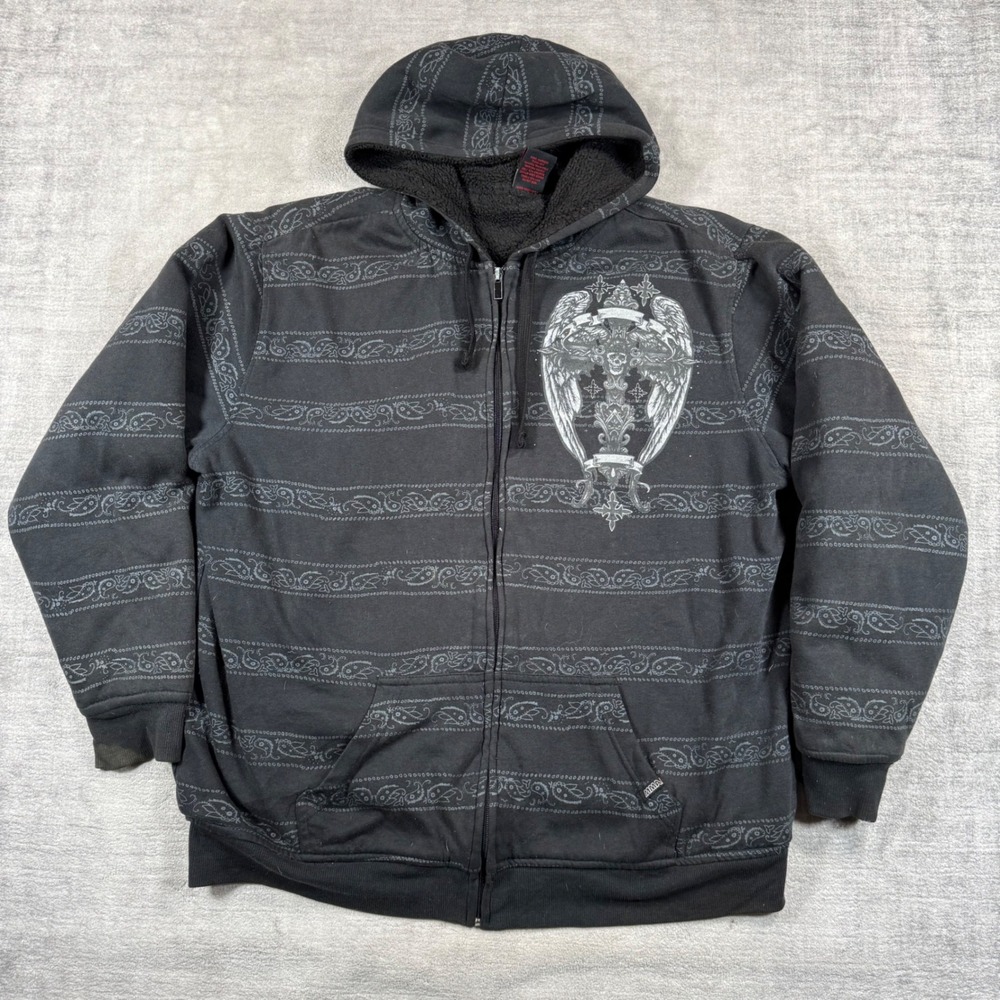 MMA Elite Hoodie Mens XL Black Gothic Vtg Y2K Winged Skull Sherpa Lined Zip Up